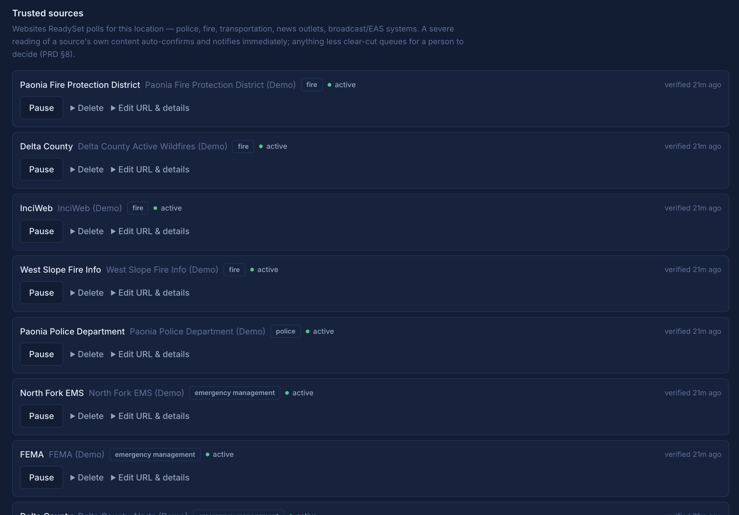 ReadySet trusted sources list for Paonia showing each source, its category, active status, last verified time, and pause/delete/edit controls